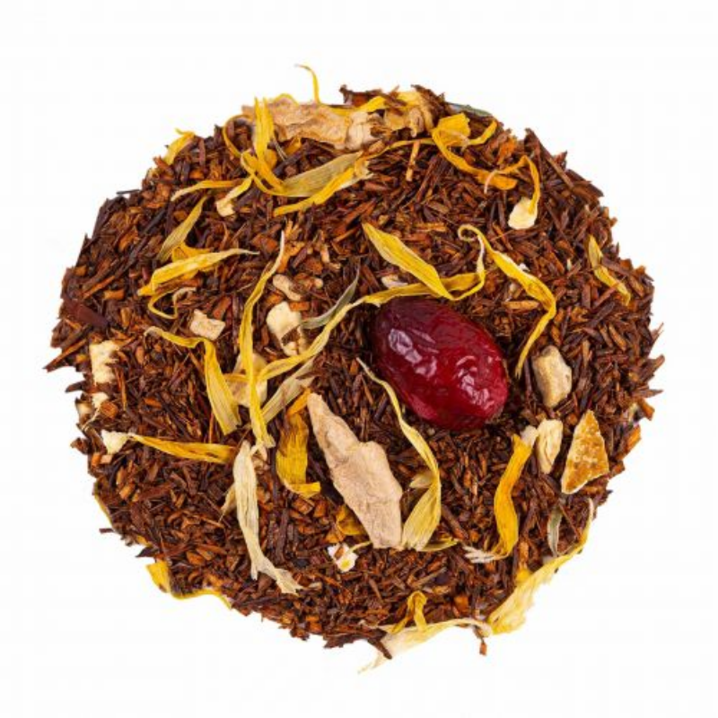 Rooibos Canneberge-Orange-Gingembre, présent chez Le Torréfacteur à Epron ou en ligne.